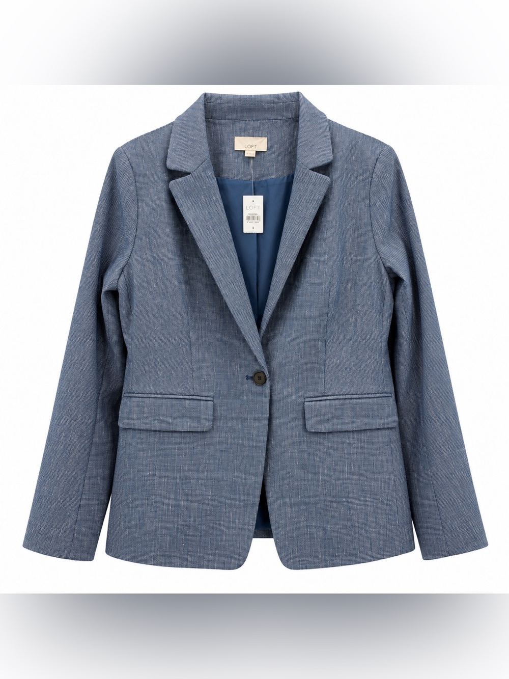 LOFT Women’s Blue Textured One-Button Blazer Notch Lapel Career Jacket Size 8